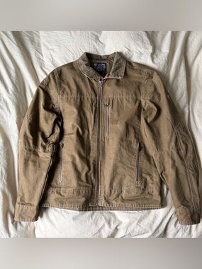 KUHL Burr Jacket Men’s Medium Vintage Patina Dye Canvas Zip Khaki Tan Beige